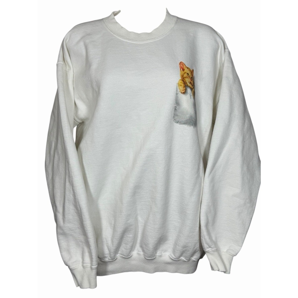 Vintage Kitten Pocket Sweatshirt Cats Graphic Cozy Cottagecore Cat Lover White M